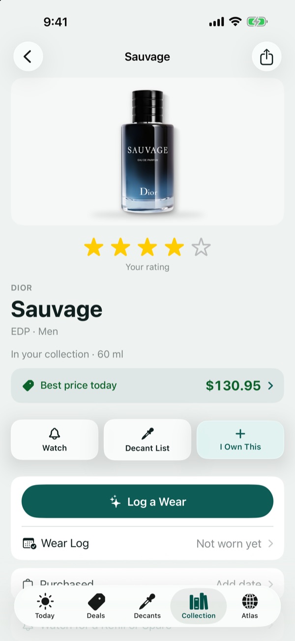 A Scentible bottle page with your rating and the best price today