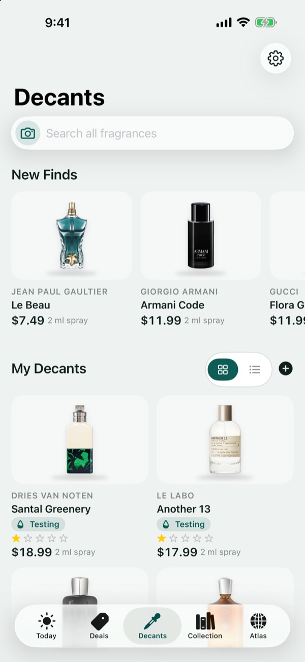 Scentible decants shown as photo tiles